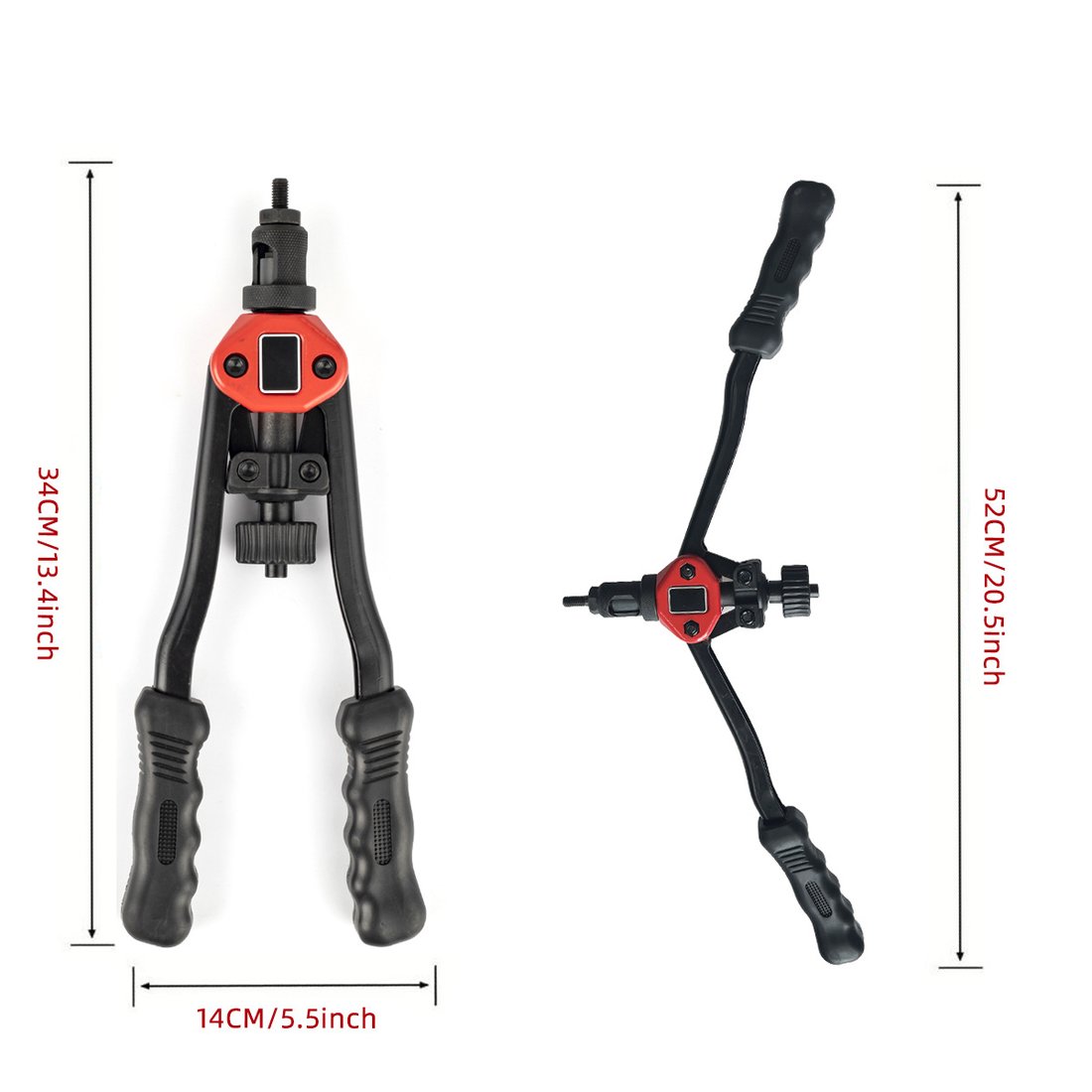 Rivet nut tool with nosepiece set, shown with dimensions
