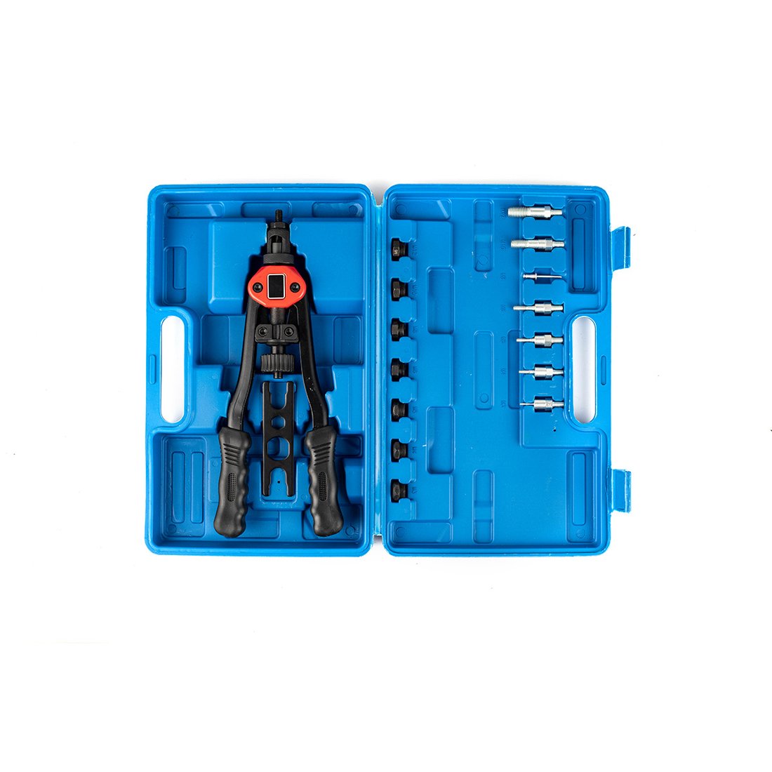 Rivet nut tool kit, case open showing tool and nosepieces